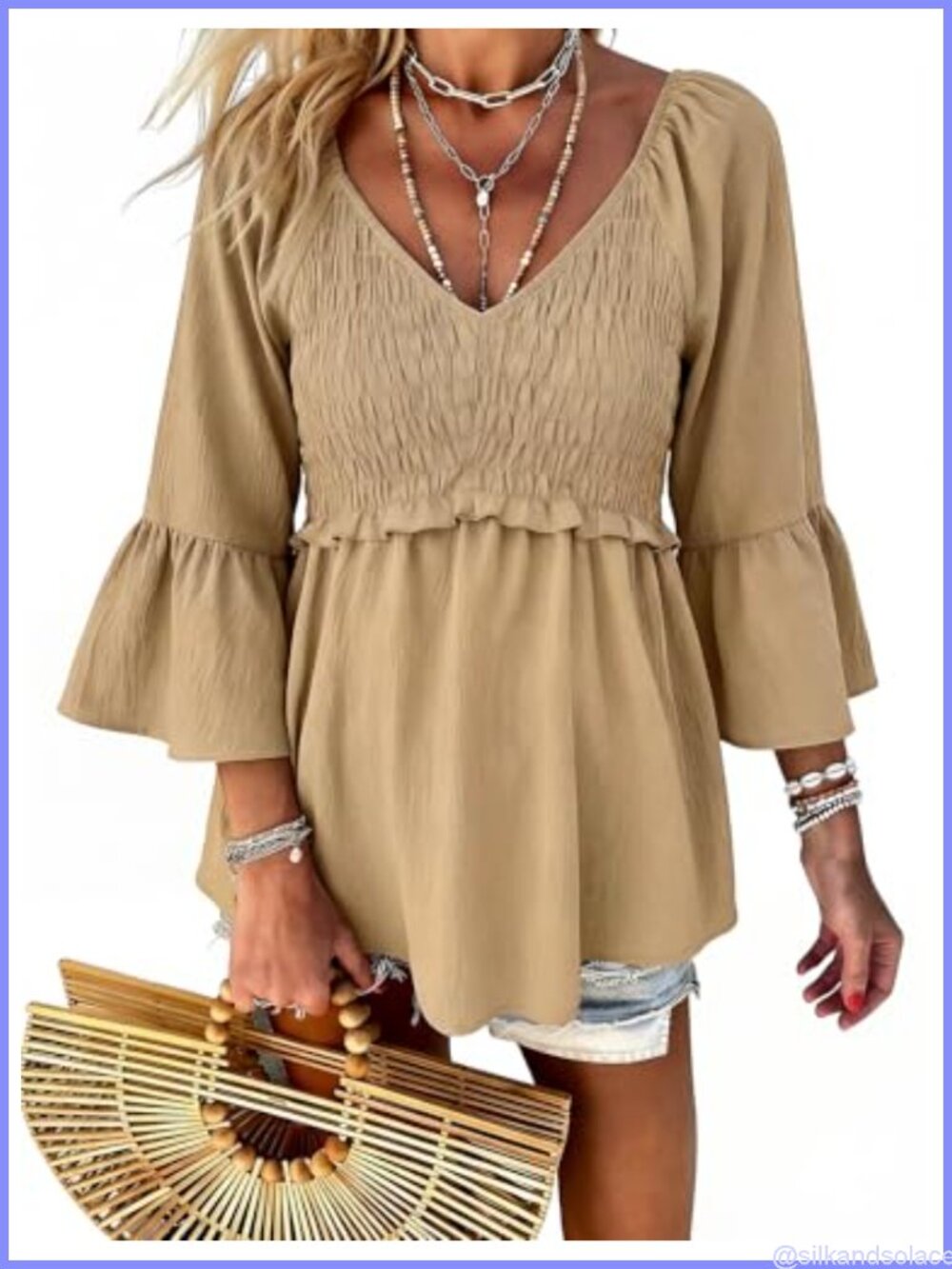 Ruffle 3/4 Sleeve Babydoll Tunic Top V Neck Smocked Peplum Blouse Loose Fit